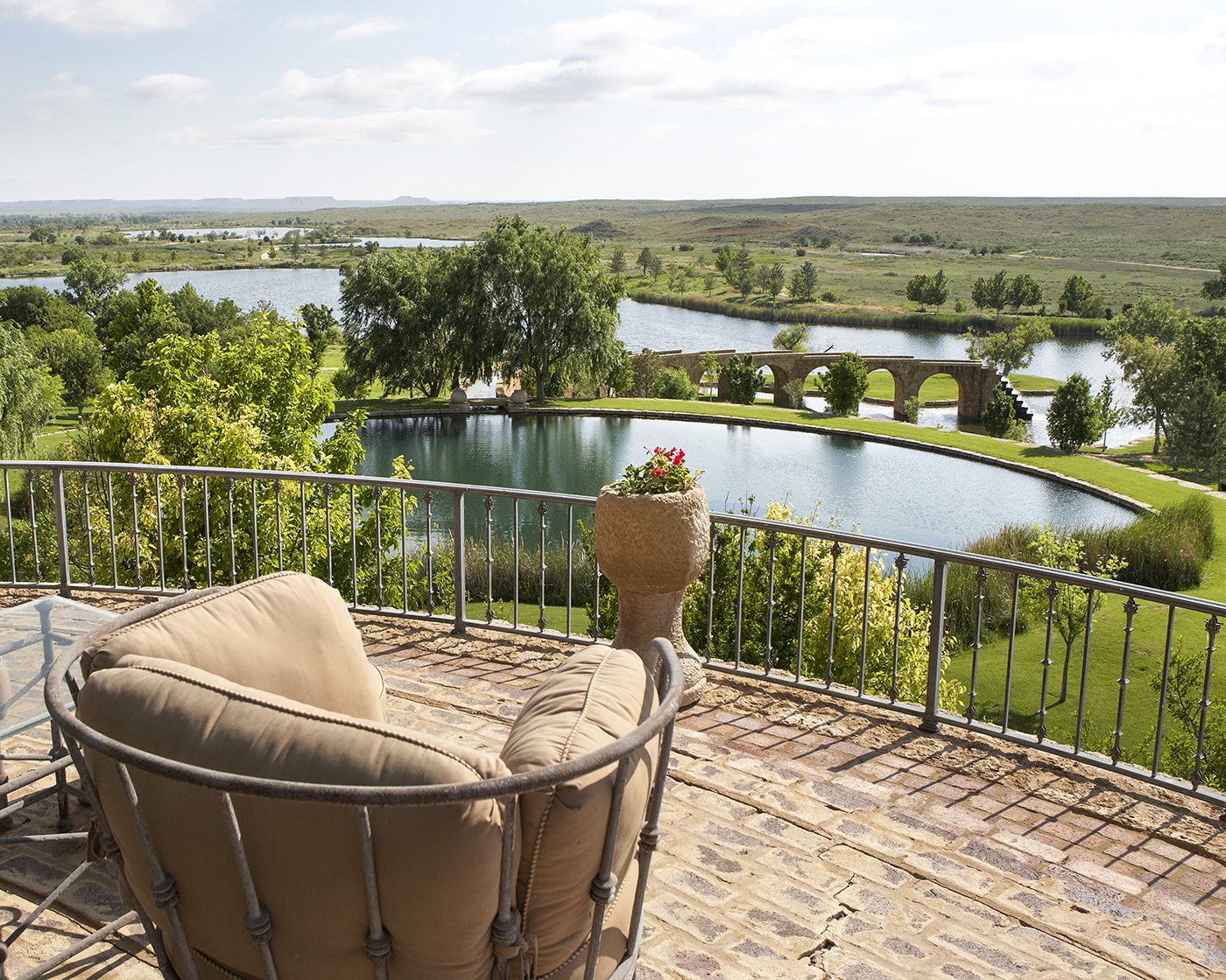 Ranch water features viewed from an outdoor terrace