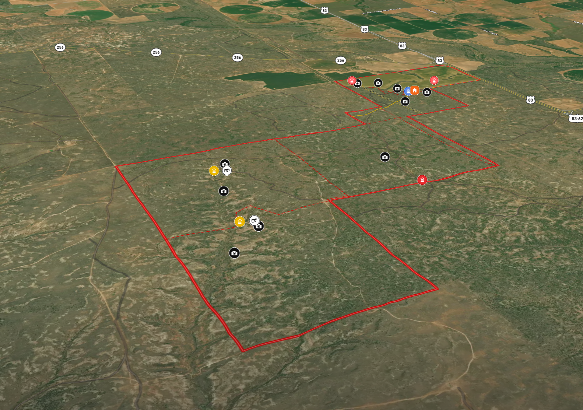 3D aerial map of Cliff and Rachel Campbell Ranch showing property outlines and tour markers