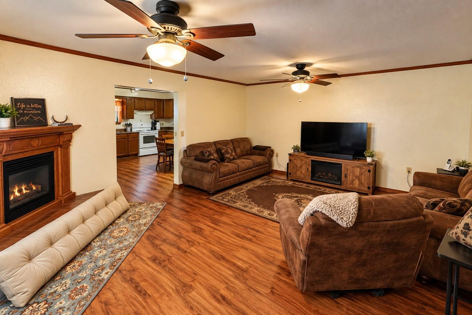Cabin living room with fireplace and seating