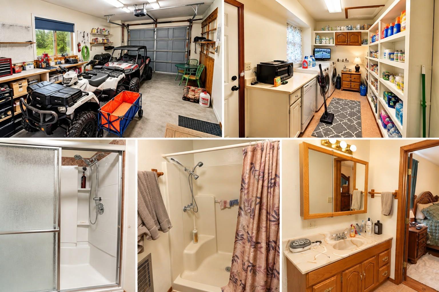 Cabin garage, laundry and bathroom photo collage